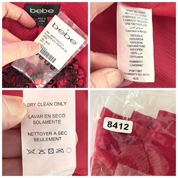 Bebe NEW Silk Flower Detail Puff Sleeve Peplum Blouse L Red Beads Smocked Sheer - Picture 9 of 9